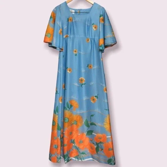 Vintage Maxi Dress Womens XS Blue Orange Floral 100 Parkhouse Dallas Cape Sleeve - Picture 2 of 10